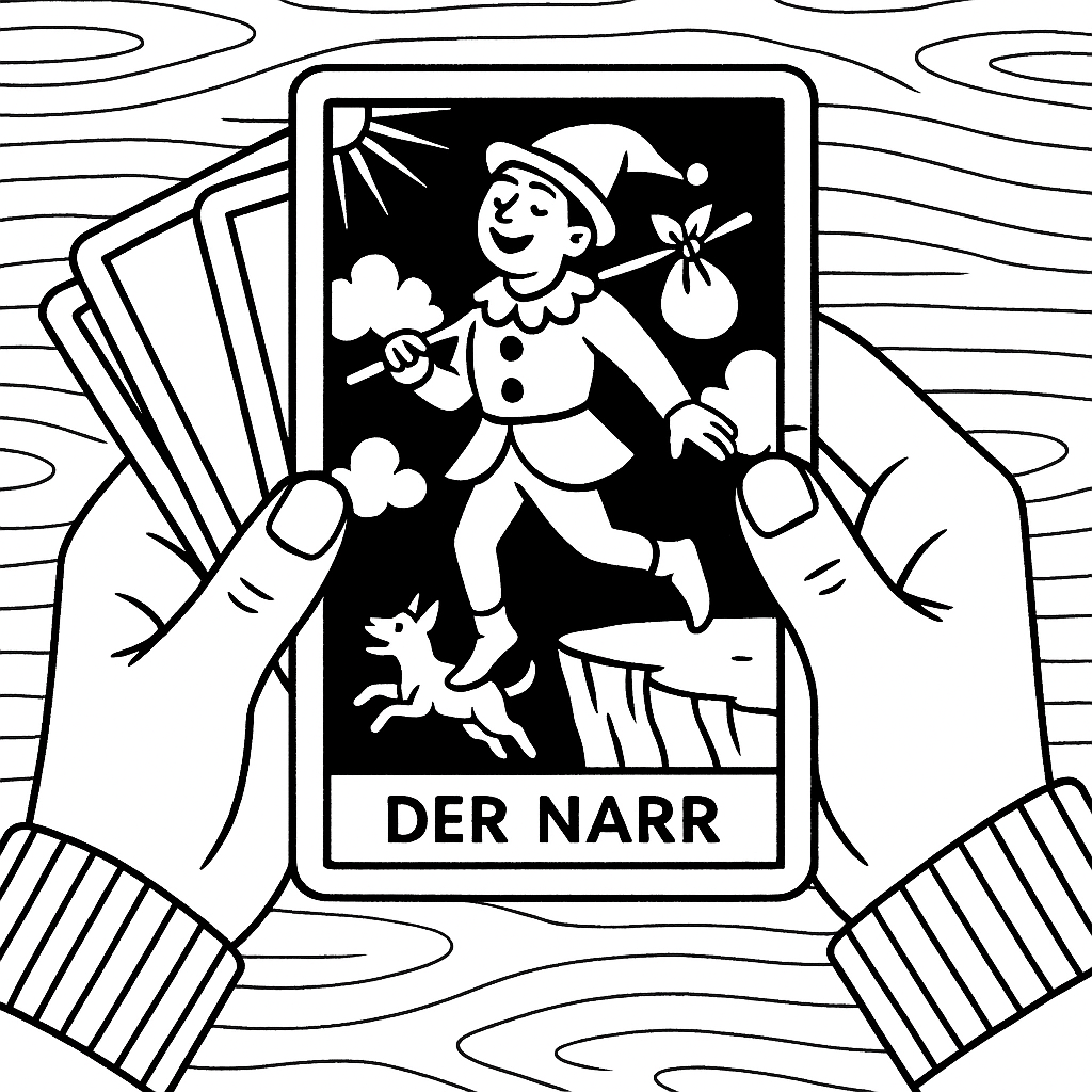 Illustration der Tarotkarte Der Narr mit Rucksack und Hund