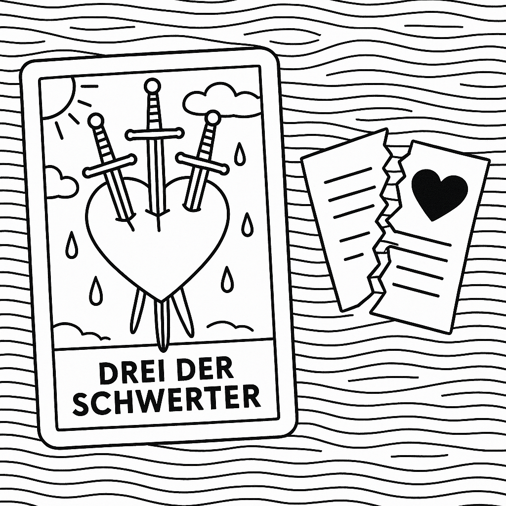 Illustration der Tarotkarte Drei der Schwerter