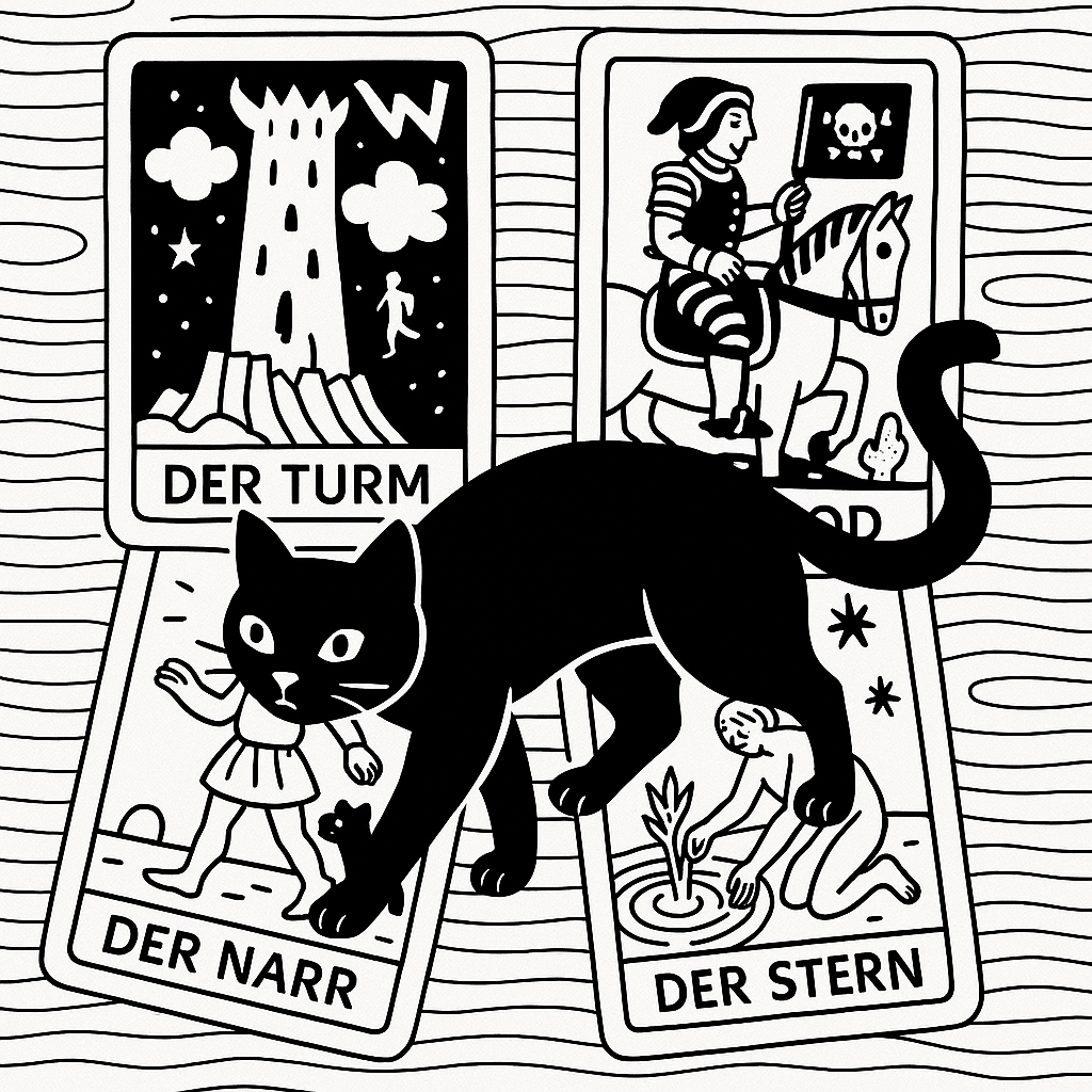 Illustration Katze läuft über Tarotkarten