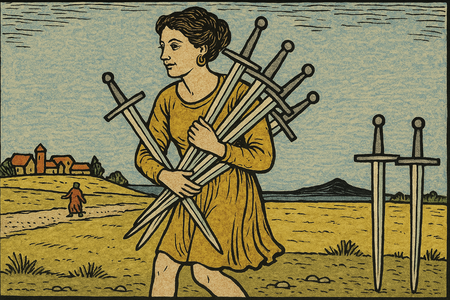 Illustration der Tarotkarte 7 der Schwerter