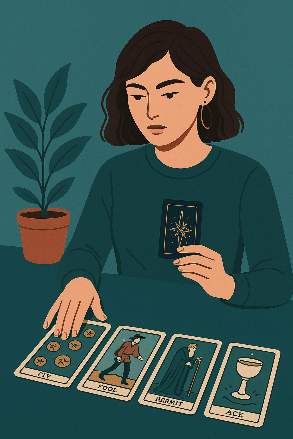Illustration einer Frau, die Tarotkarten legt