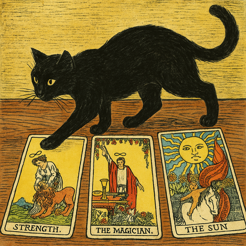 Eine schwarze Katze läuft über drei Tarotkarten